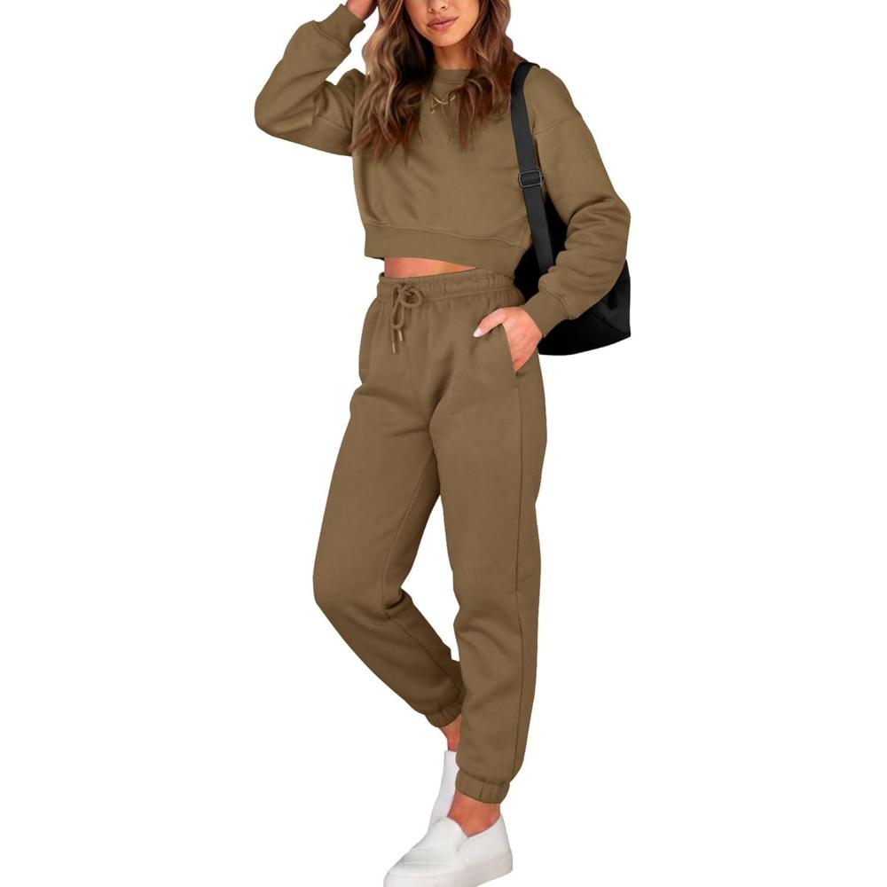 imageBTFBM Women 2 Piece Outfits Long Sleeve Crop Top Pullover Drawstring Pant Jogger Set Casual Sweatsuits Tracksuit PocketsDark Khaki