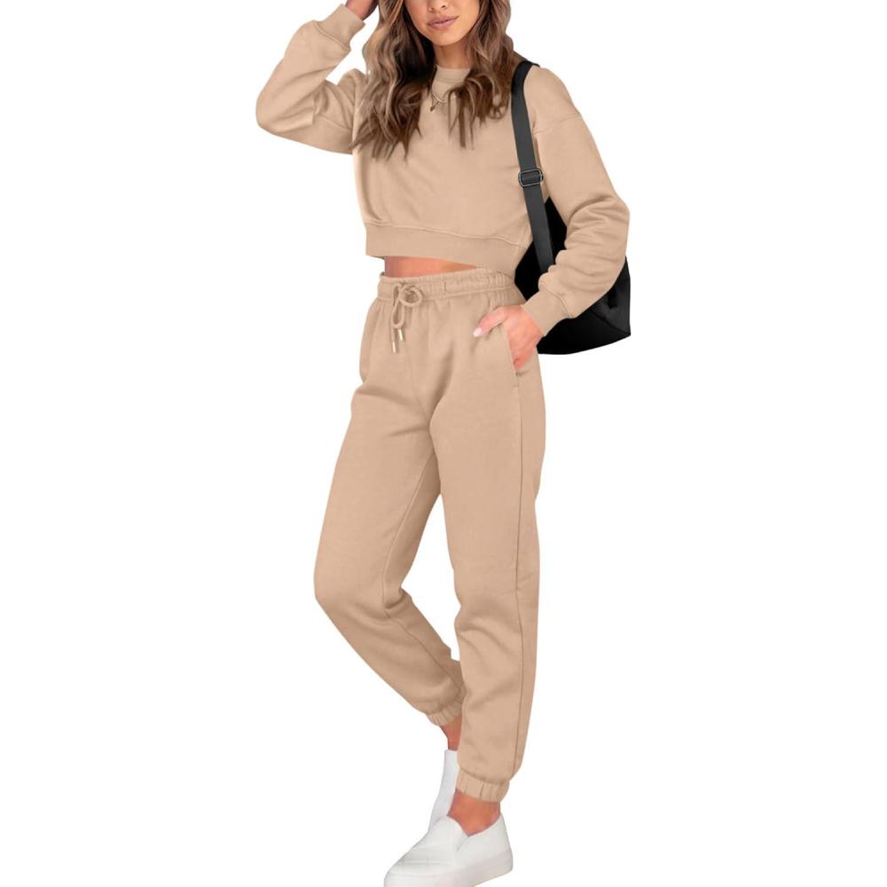 imageBTFBM Women 2 Piece Outfits Long Sleeve Crop Top Pullover Drawstring Pant Jogger Set Casual Sweatsuits Tracksuit PocketsKhaki
