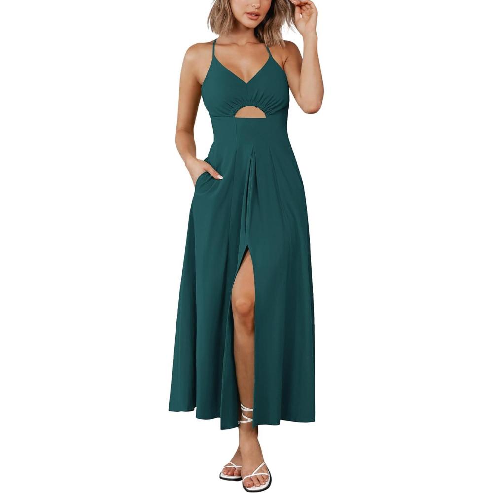 imageBTFBM Women 2026 Spaghetti Strap Midi Summer Dresses Sleeveless V Neck Cutout Slit Casual Beach Party Maxi Dress PocketsBlue Green