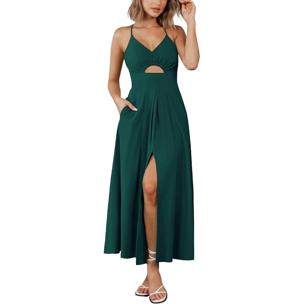 imageBTFBM Women 2026 Spaghetti Strap Midi Summer Dresses Sleeveless V Neck Cutout Slit Casual Beach Party Maxi Dress PocketsDark Green