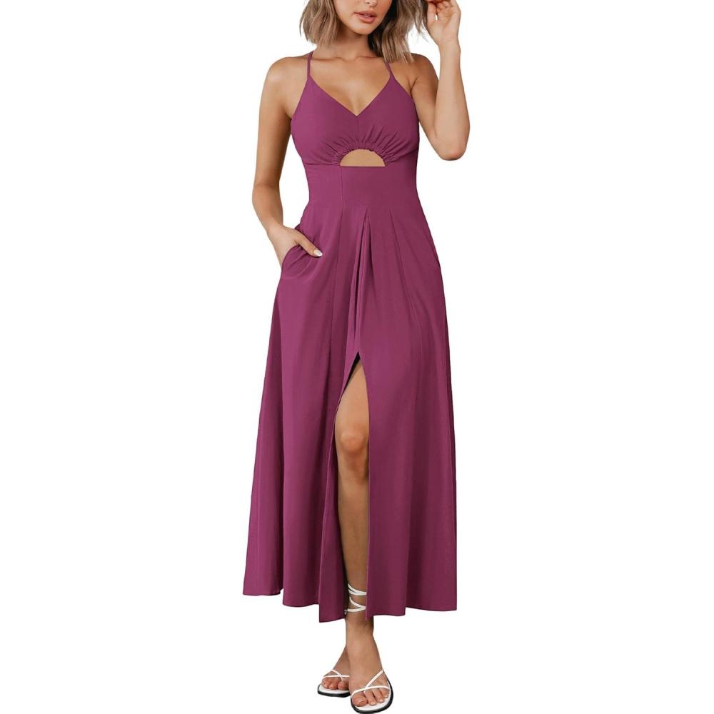 imageBTFBM Women 2026 Spaghetti Strap Midi Summer Dresses Sleeveless V Neck Cutout Slit Casual Beach Party Maxi Dress PocketsPurple