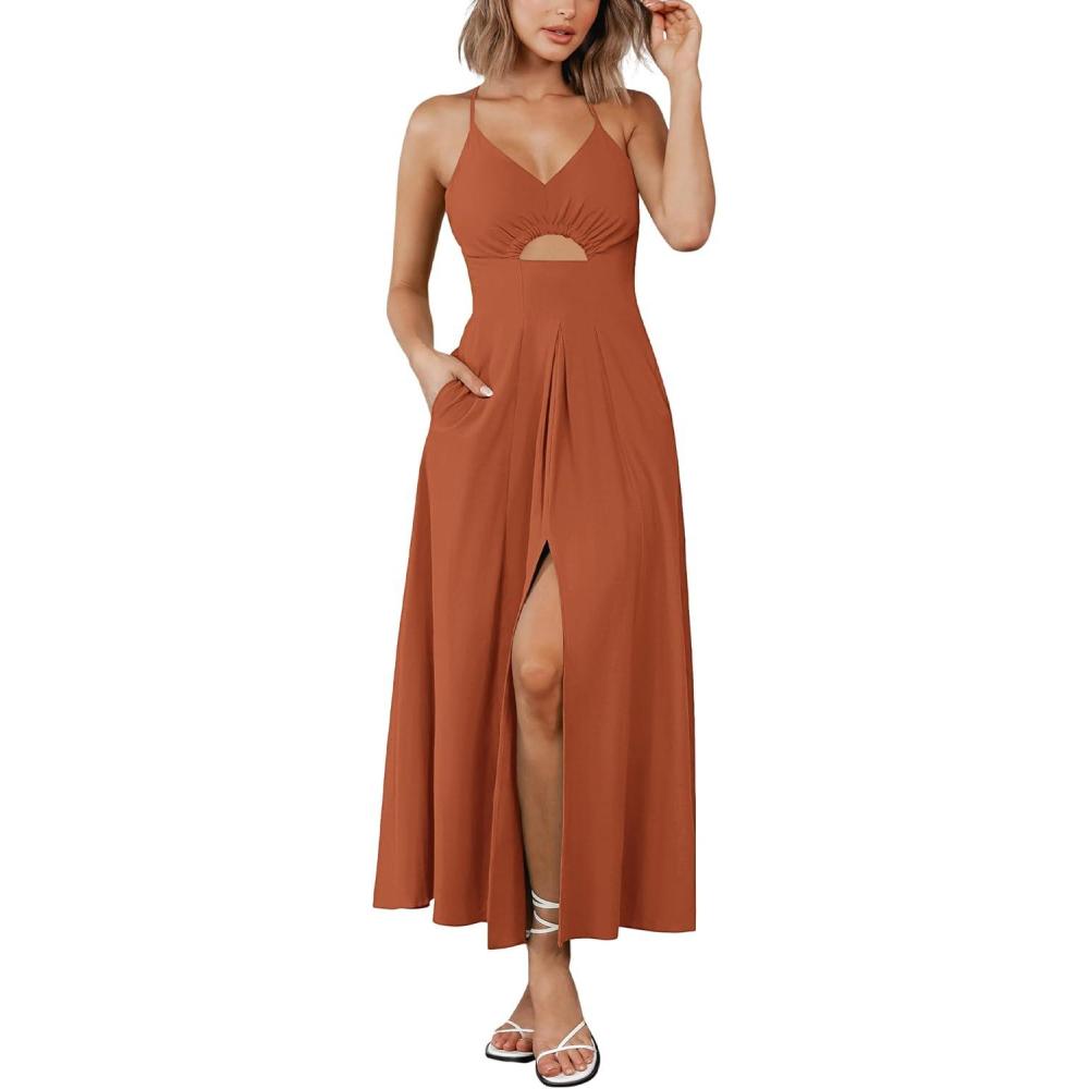 imageBTFBM Women 2026 Spaghetti Strap Midi Summer Dresses Sleeveless V Neck Cutout Slit Casual Beach Party Maxi Dress PocketsRust Red