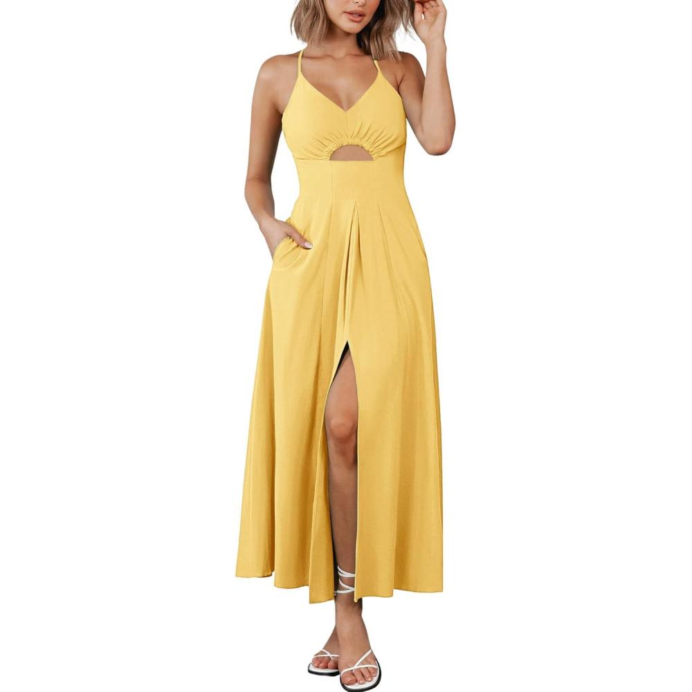 imageBTFBM Women 2026 Spaghetti Strap Midi Summer Dresses Sleeveless V Neck Cutout Slit Casual Beach Party Maxi Dress PocketsYellow