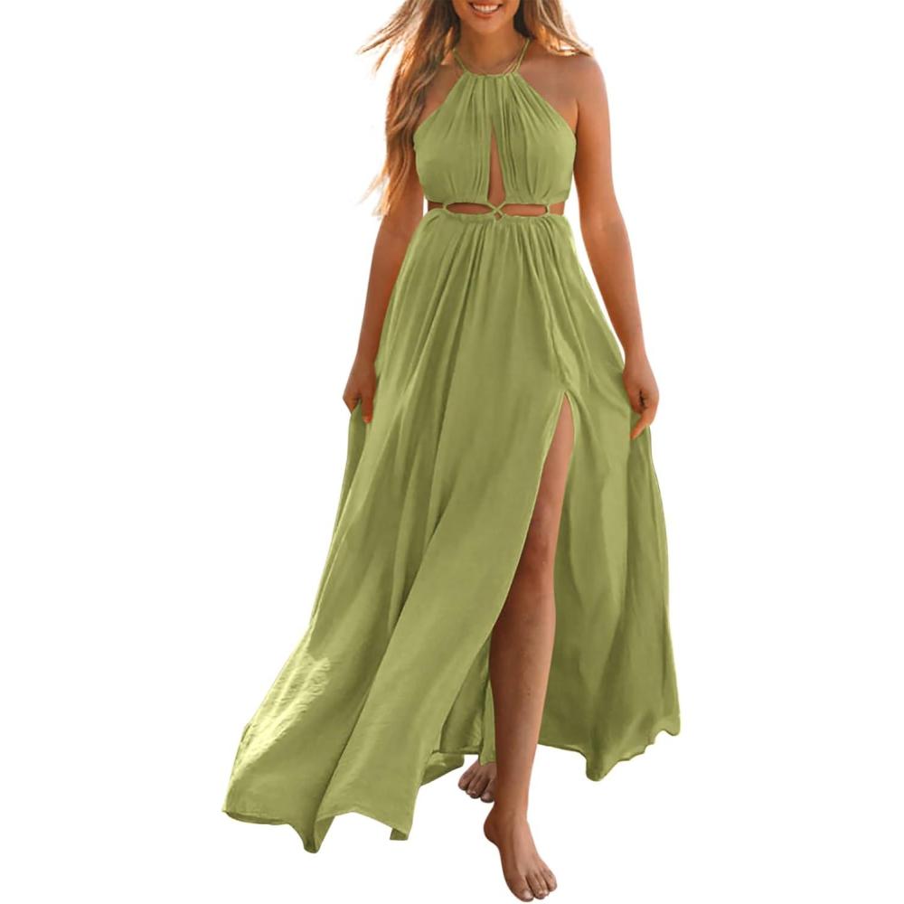 imageBTFBM Women Halter Summer Dresses 2026 Sleeveless Cutout Backless Sundress Slit Boho Maxi Beach Wedding Guest DressGreen