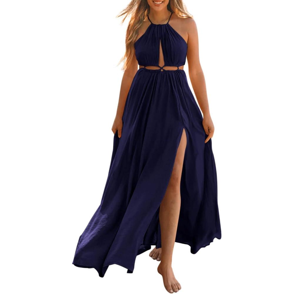 imageBTFBM Women Halter Summer Dresses 2026 Sleeveless Cutout Backless Sundress Slit Boho Maxi Beach Wedding Guest DressNavy