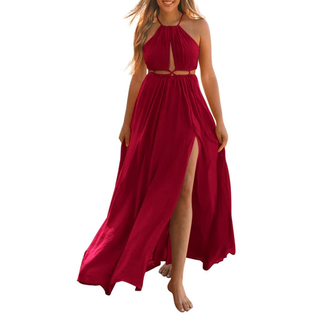 imageBTFBM Women Halter Summer Dresses 2026 Sleeveless Cutout Backless Sundress Slit Boho Maxi Beach Wedding Guest DressRed
