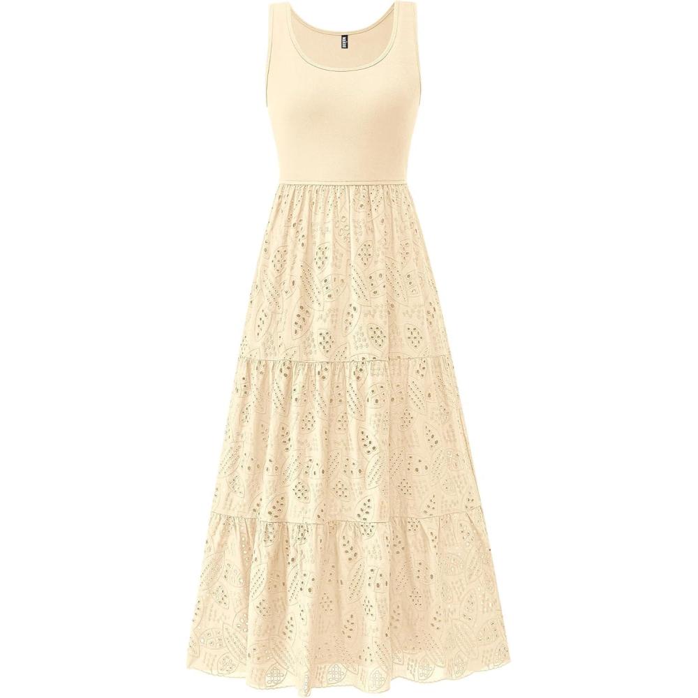 imageBTFBM Women Summer Eyelet Midi Dresses Casual Spring 2026 Sleeveless A Line Flowy Vacation Beach Wedding Guest Sun DressApricot