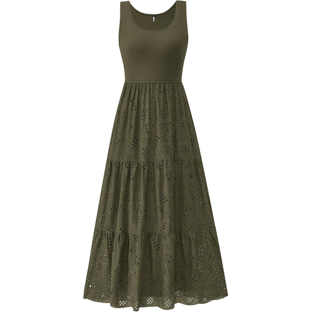 imageBTFBM Women Summer Eyelet Midi Dresses Casual Spring 2026 Sleeveless A Line Flowy Vacation Beach Wedding Guest Sun DressArmy Green
