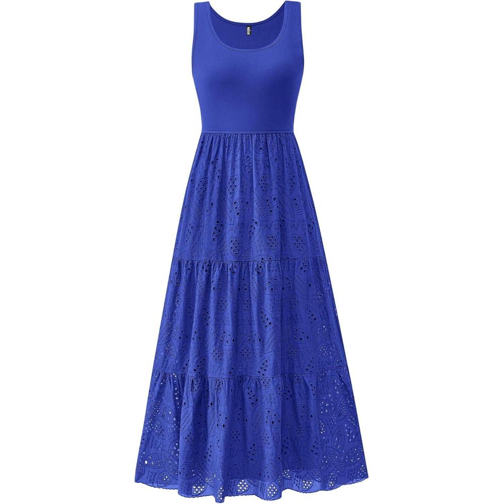 imageBTFBM Women Summer Eyelet Midi Dresses Casual Spring 2026 Sleeveless A Line Flowy Vacation Beach Wedding Guest Sun DressBrilliant Blue