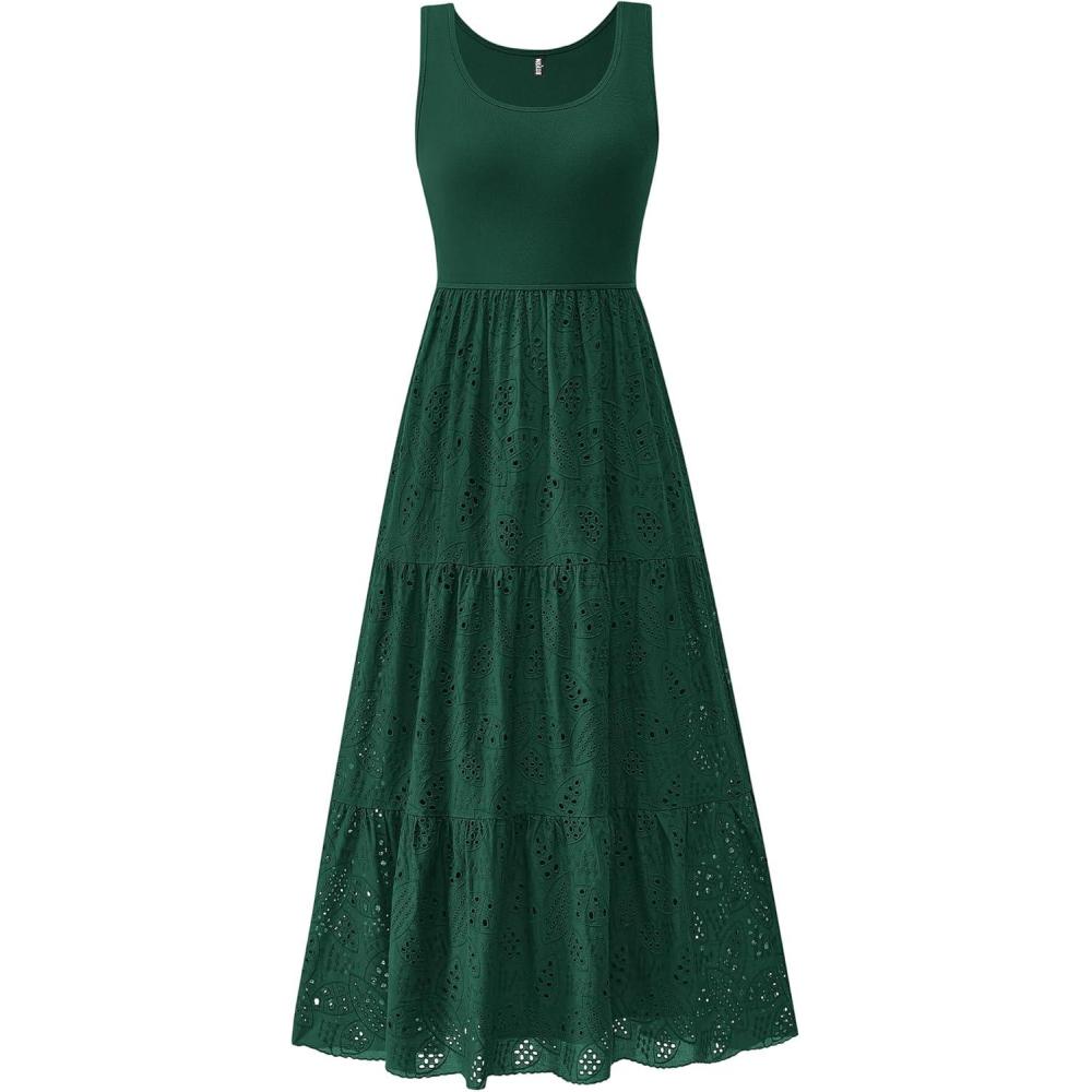 imageBTFBM Women Summer Eyelet Midi Dresses Casual Spring 2026 Sleeveless A Line Flowy Vacation Beach Wedding Guest Sun DressDark Green