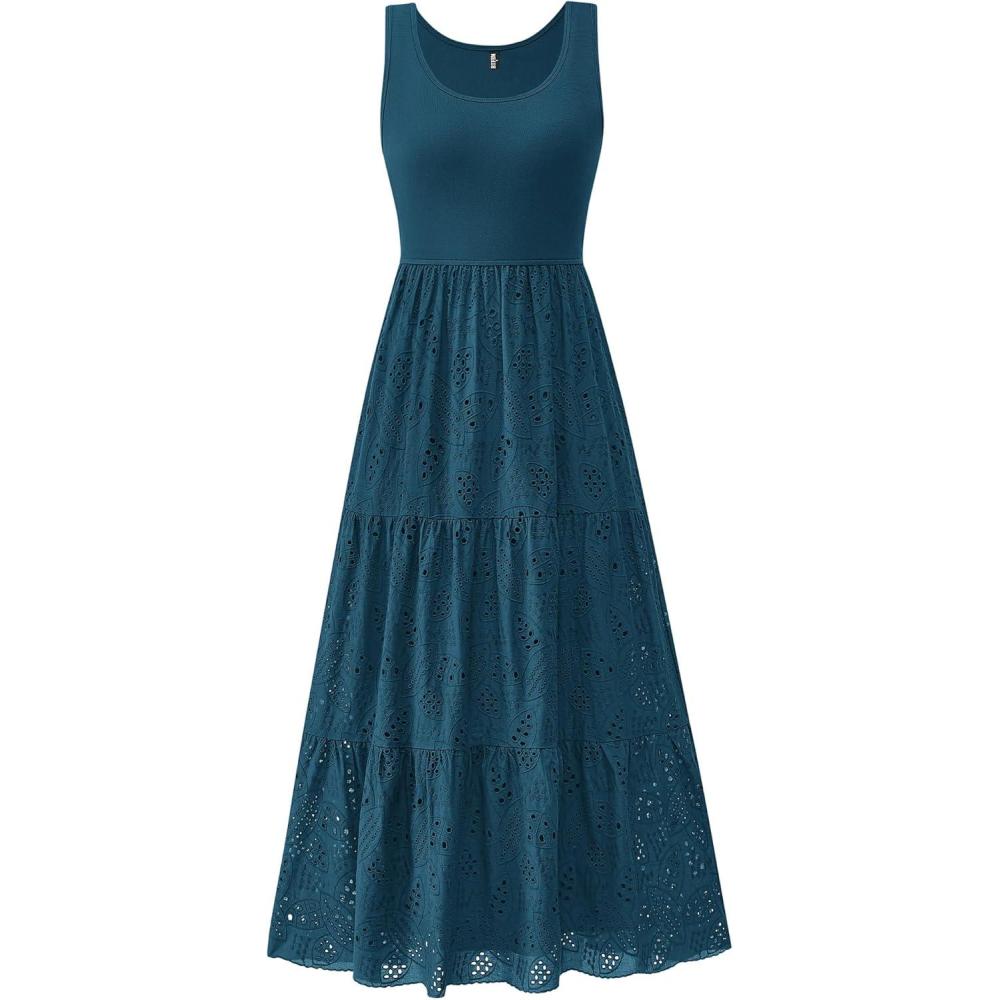 imageBTFBM Women Summer Eyelet Midi Dresses Casual Spring 2026 Sleeveless A Line Flowy Vacation Beach Wedding Guest Sun DressDark Lake Blue