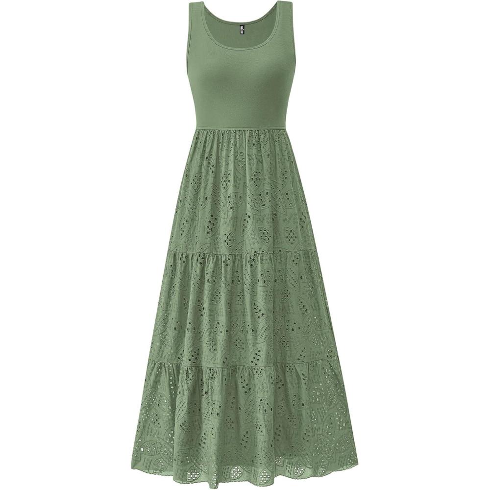 imageBTFBM Women Summer Eyelet Midi Dresses Casual Spring 2026 Sleeveless A Line Flowy Vacation Beach Wedding Guest Sun DressGreen
