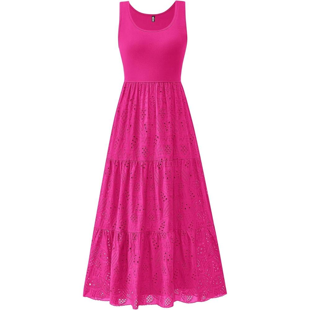 imageBTFBM Women Summer Eyelet Midi Dresses Casual Spring 2026 Sleeveless A Line Flowy Vacation Beach Wedding Guest Sun DressHot Pink