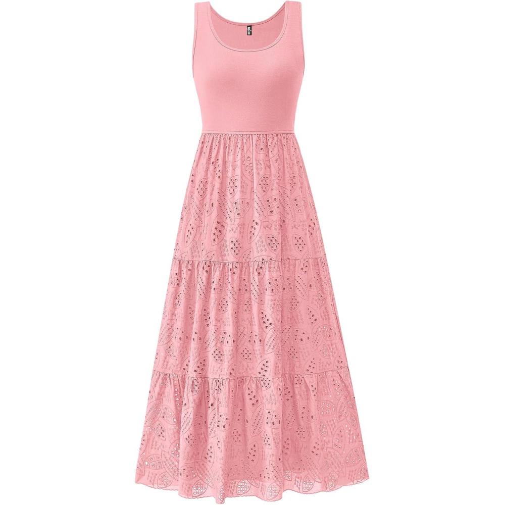imageBTFBM Women Summer Eyelet Midi Dresses Casual Spring 2026 Sleeveless A Line Flowy Vacation Beach Wedding Guest Sun DressPink