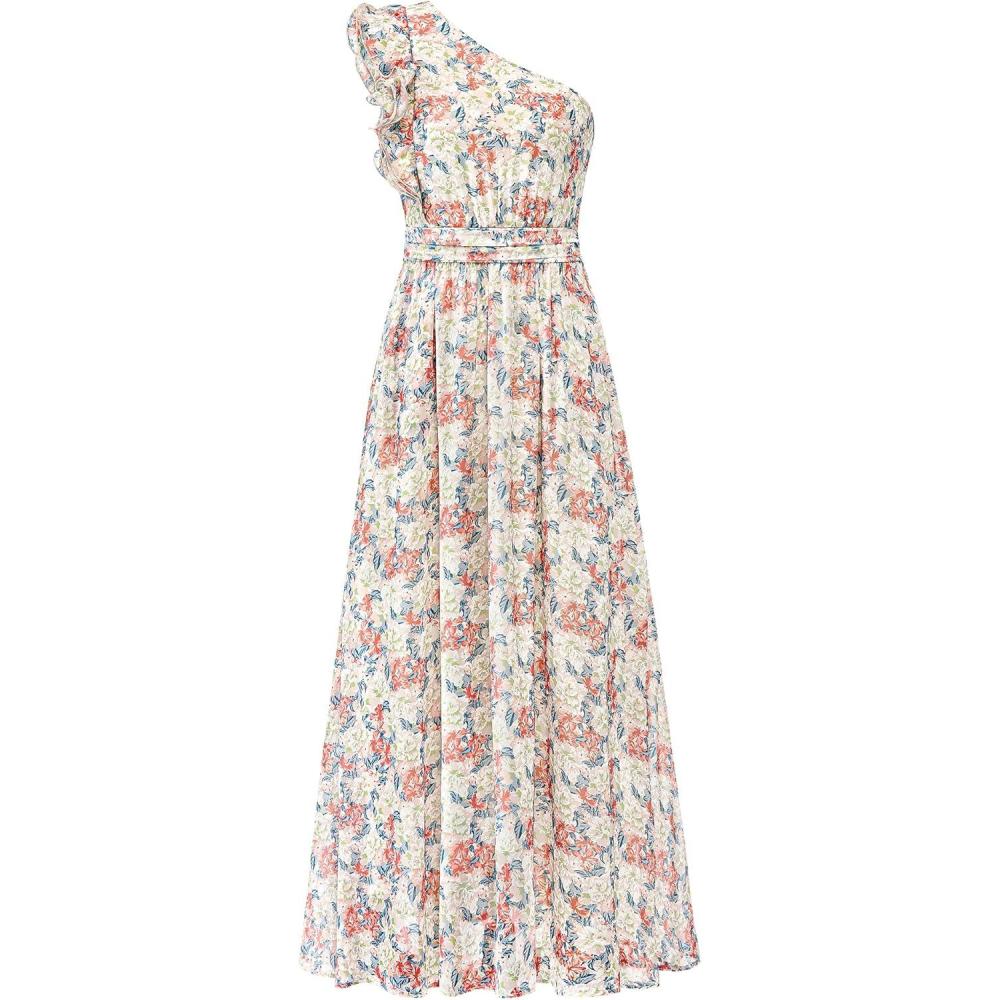 imageBTFBM Women Summer One Shoulder Floral Wedding Guest Dresses Sleeveless Smocked Ruffle Flowy Beach Vacation Maxi DressFloral Apricot