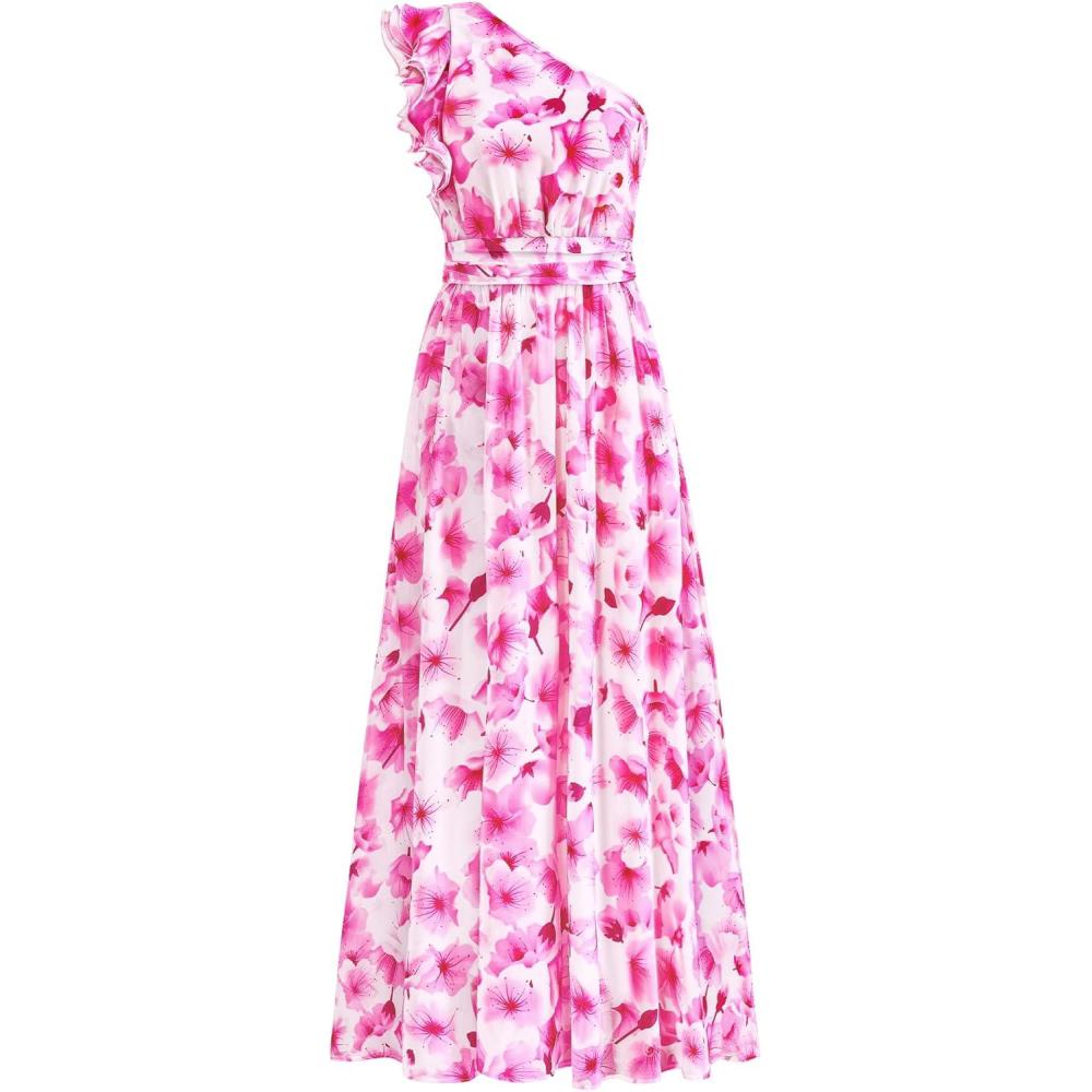 imageBTFBM Women Summer One Shoulder Floral Wedding Guest Dresses Sleeveless Smocked Ruffle Flowy Beach Vacation Maxi DressFloral Pink White