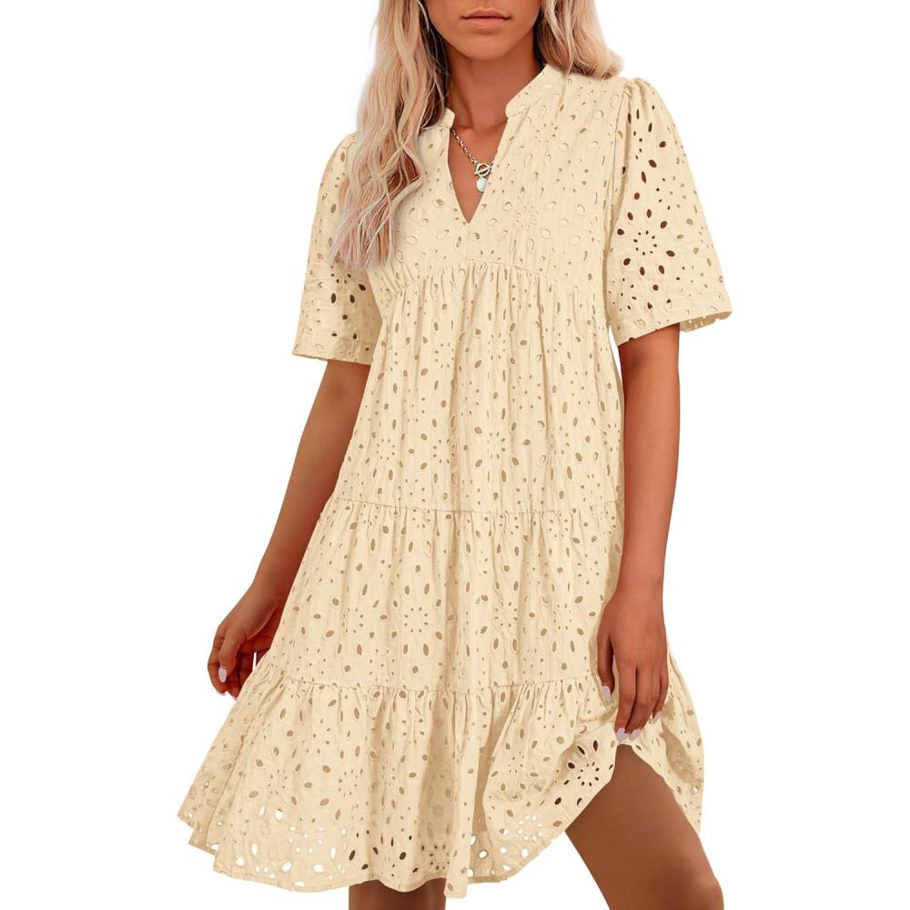 imageBTFBM Womens Boho Summer Dresses 2026 Spring V Neck Short Sleeve Hollow Out Lace Ruffle Casual Beach Mini Vacation DressBeige