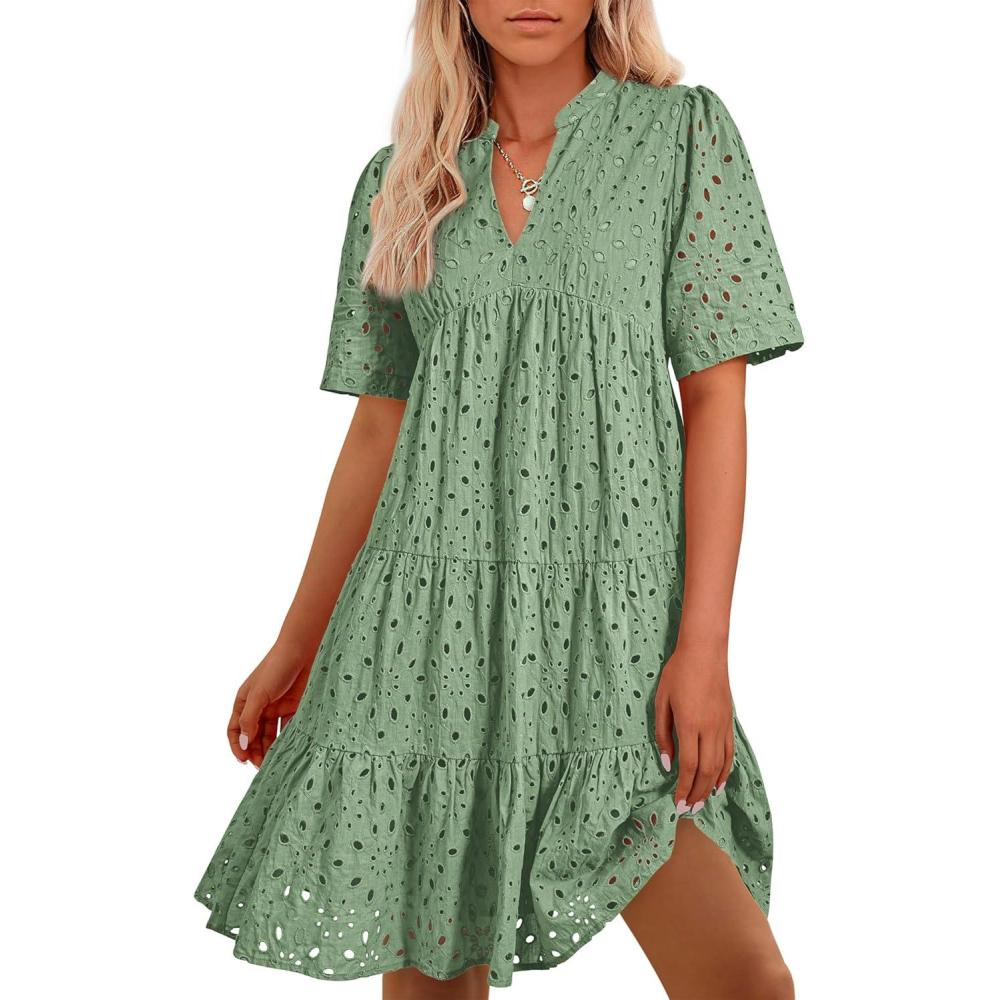 imageBTFBM Womens Boho Summer Dresses 2026 Spring V Neck Short Sleeve Hollow Out Lace Ruffle Casual Beach Mini Vacation DressGrey Green