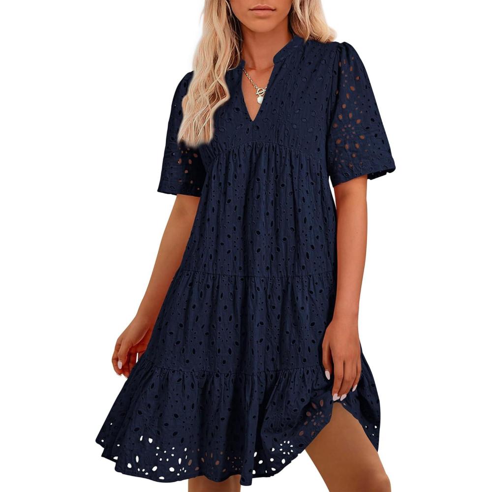 imageBTFBM Womens Boho Summer Dresses 2026 Spring V Neck Short Sleeve Hollow Out Lace Ruffle Casual Beach Mini Vacation DressNavy