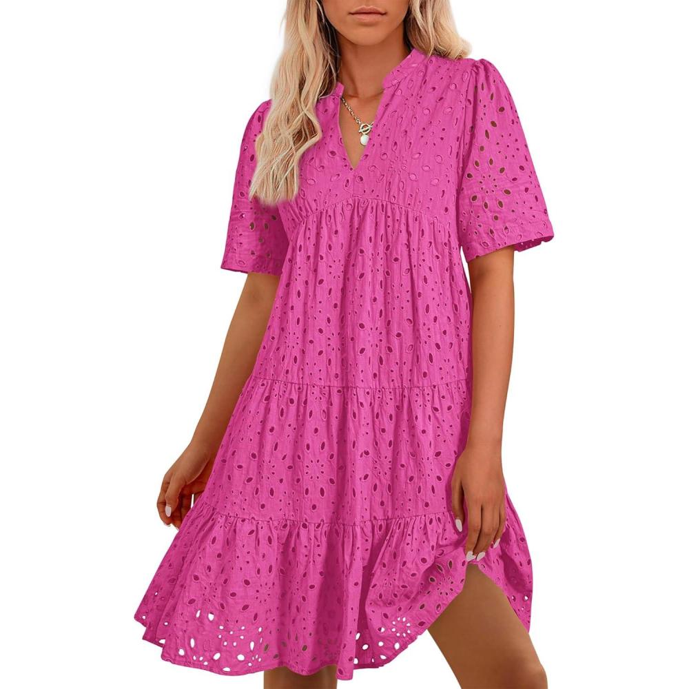 imageBTFBM Womens Boho Summer Dresses 2026 Spring V Neck Short Sleeve Hollow Out Lace Ruffle Casual Beach Mini Vacation DressRose Red