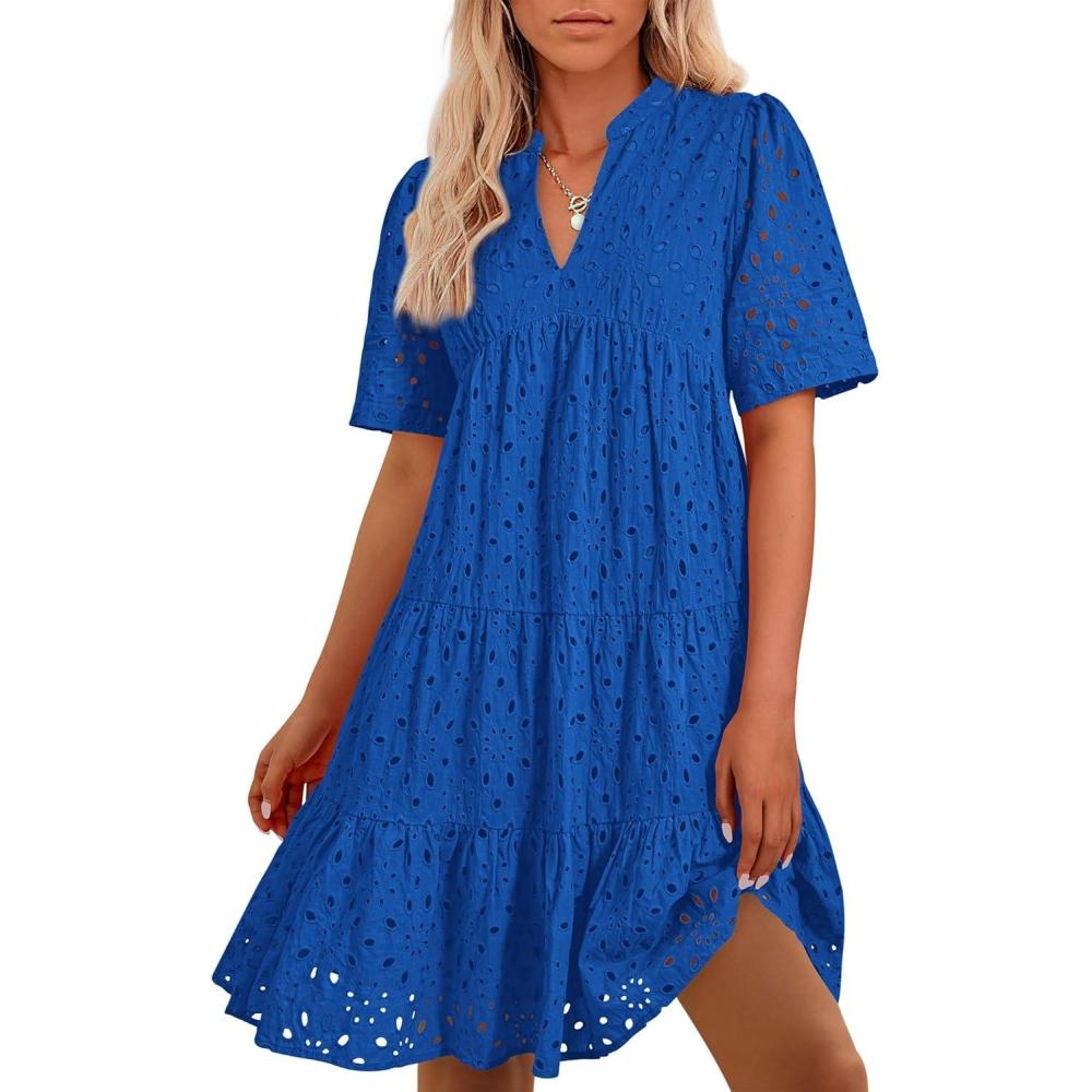 imageBTFBM Womens Boho Summer Dresses 2026 Spring V Neck Short Sleeve Hollow Out Lace Ruffle Casual Beach Mini Vacation DressRoyal Blue