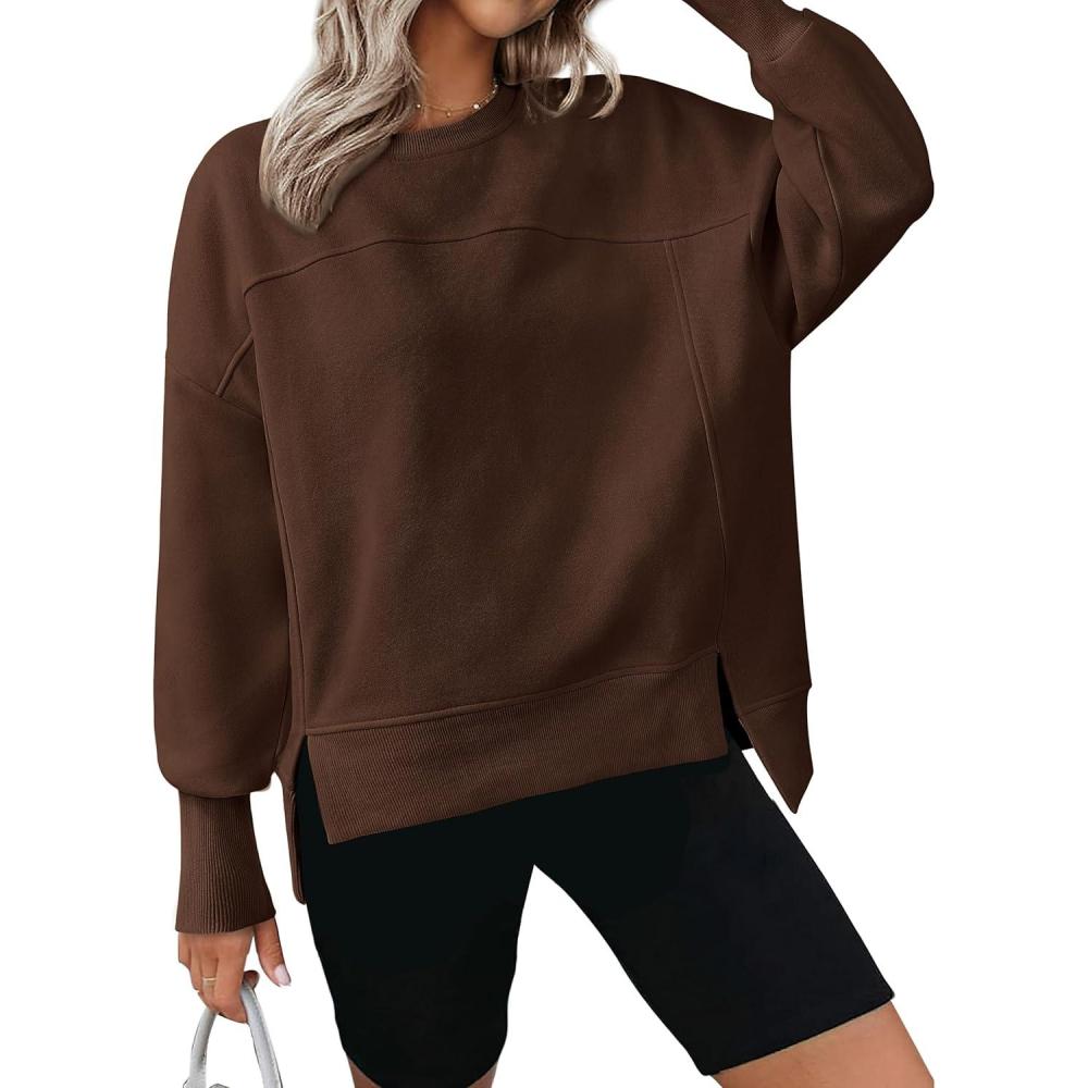 imageBTFBM Womens Casual Crewneck Sweatshirts 2025 Spring Fall Clothes Long Sleeve Side Slit Workout Fleece Pullover TopsCoffee