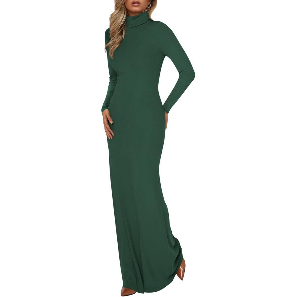 imageBTFBM Womens Dresses Long Sleeve Turtle Neck Stretchy Knit Long Maxi Semi Formal Party Fall Wedding Guest Dress 2025Dark Green