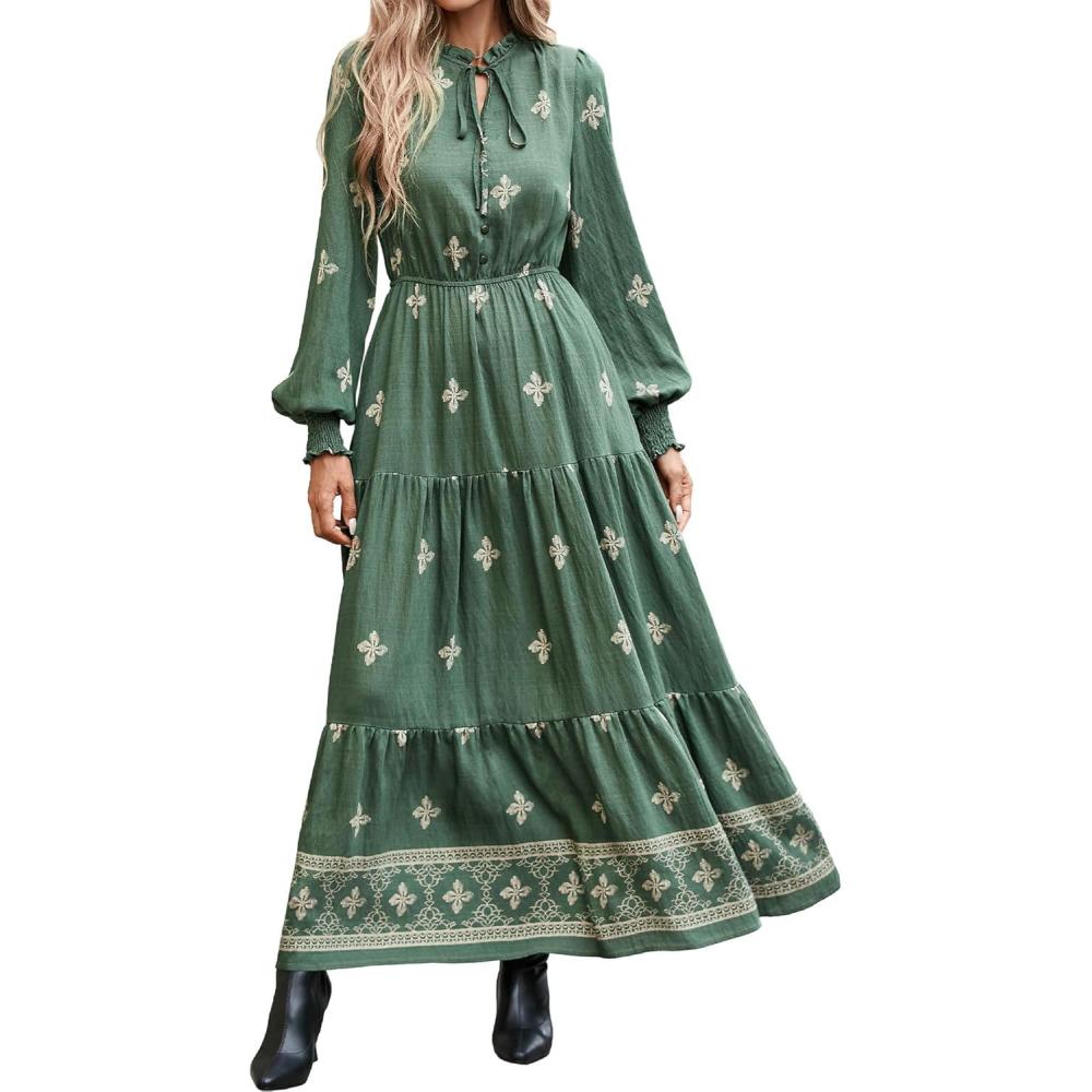 imageBTFBM Womens Fall Wedding Guest Dresses 2025 Casual Floral Long Sleeve V Neck Front Tie Flowy Boho Maxi Dress PocketsFloral Green