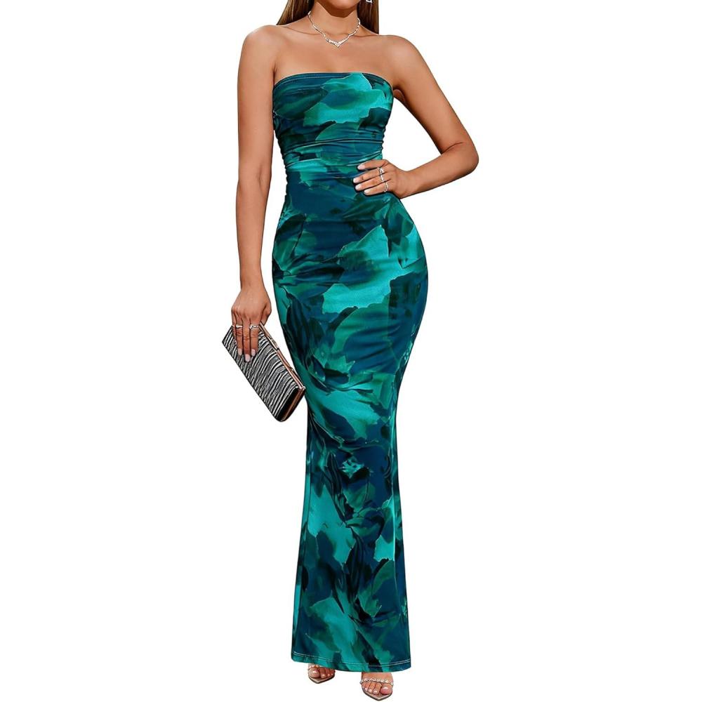 imageBTFBM Womens Floral Maxi Dresses Summer 2026 Strapless Tube Bodycon Mesh Layered Cocktail Party Wedding Guest DressFloral Lake Blue