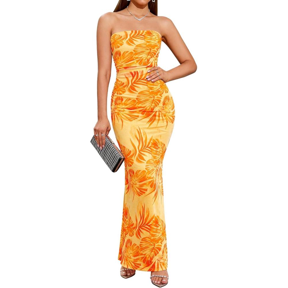 imageBTFBM Womens Floral Maxi Dresses Summer 2026 Strapless Tube Bodycon Mesh Layered Cocktail Party Wedding Guest DressLeaves Yellow