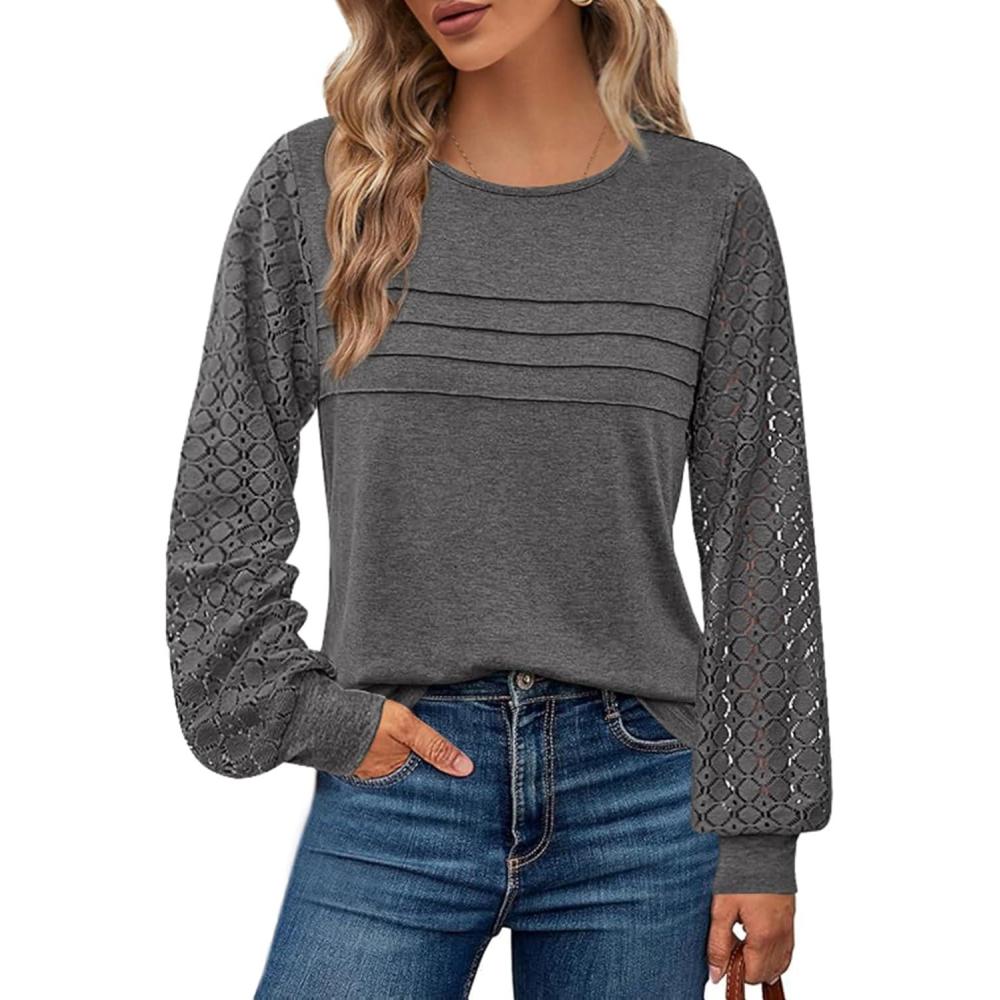 imageBTFBM Womens Long Sleeve Shirts Dressy Lace Fall Tops 2025 Trendy Business Casual TShirts Cute Work Outfits BlousesDark Grey