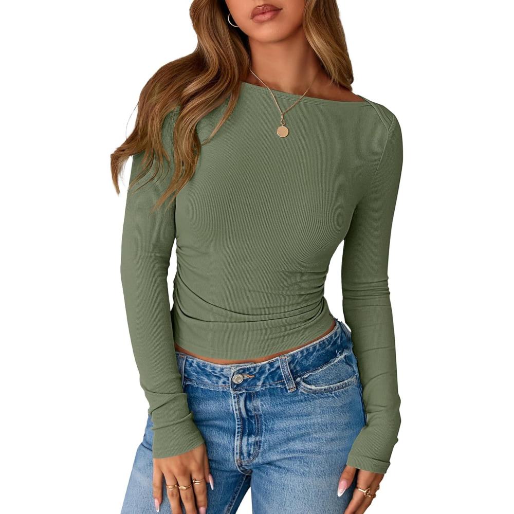 imageBTFBM Womens Long Sleeve T Shirts Spring Clothes 2026 Ribbed Slim Fit Boat Neck Casual Going Out Tops Workout OutfitsArmy Green