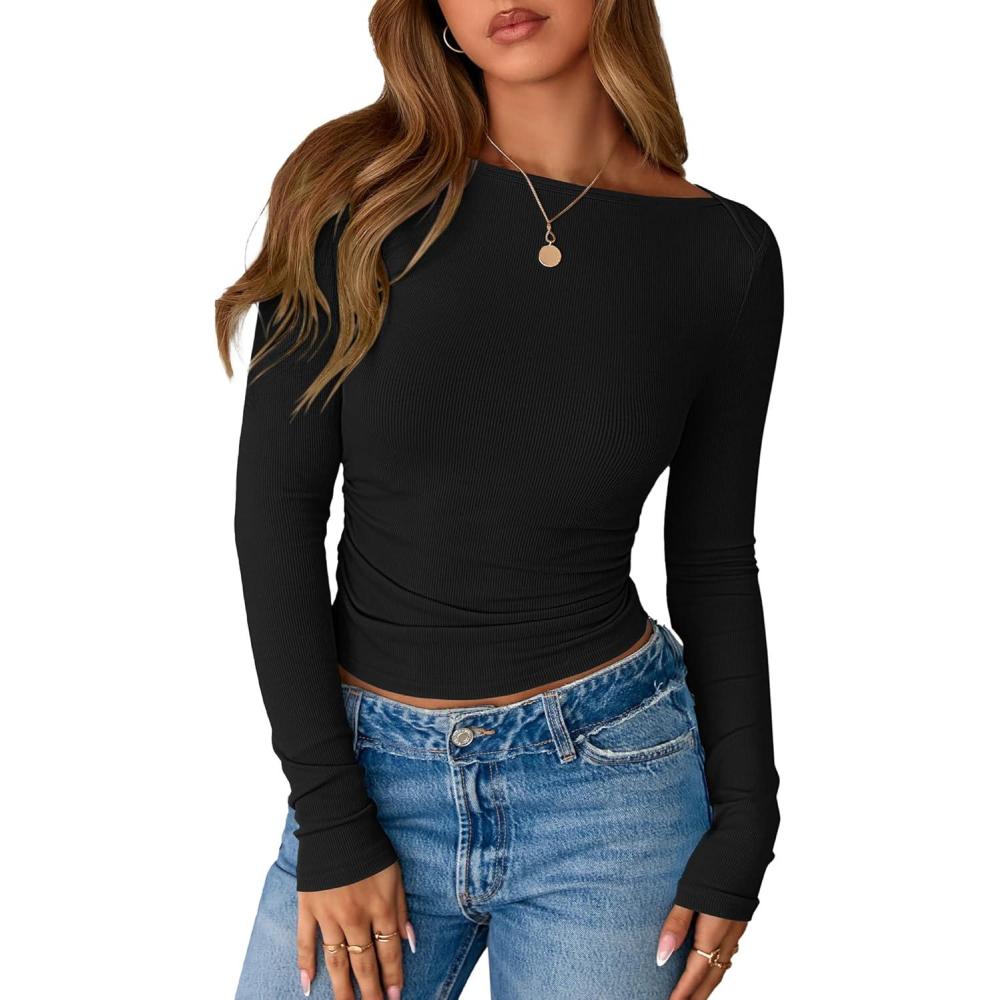 imageBTFBM Womens Long Sleeve T Shirts Spring Clothes 2026 Ribbed Slim Fit Boat Neck Casual Going Out Tops Workout OutfitsBlack