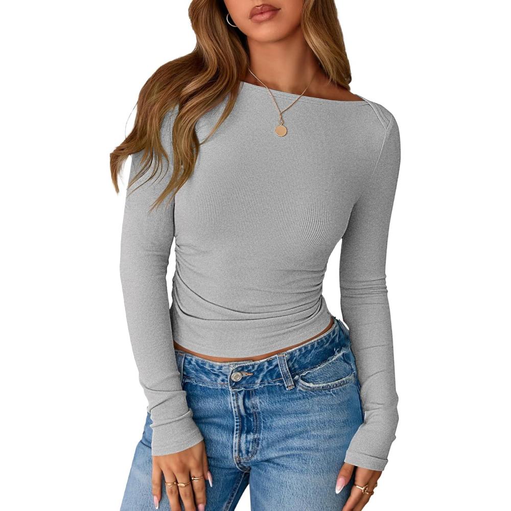 imageBTFBM Womens Long Sleeve T Shirts Spring Clothes 2026 Ribbed Slim Fit Boat Neck Casual Going Out Tops Workout OutfitsGrey