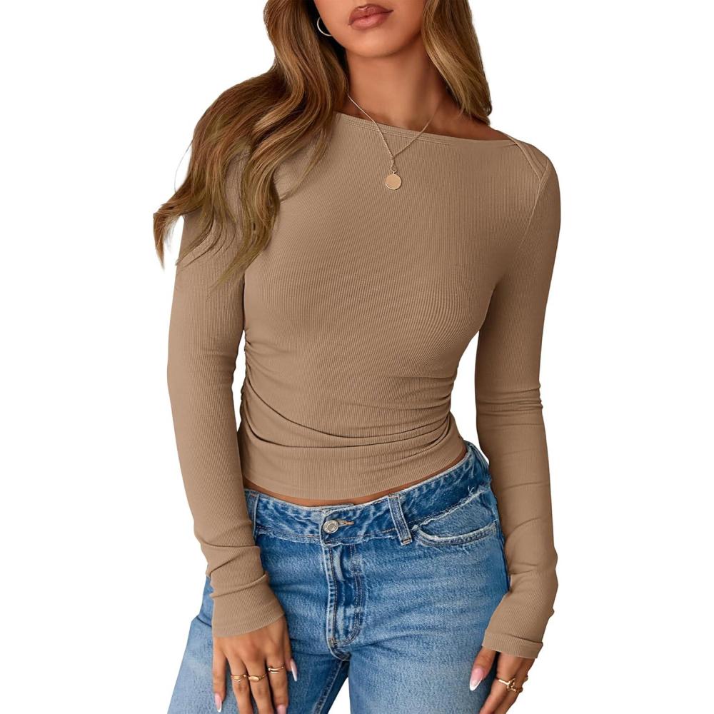 imageBTFBM Womens Long Sleeve T Shirts Spring Clothes 2026 Ribbed Slim Fit Boat Neck Casual Going Out Tops Workout OutfitsKhaki