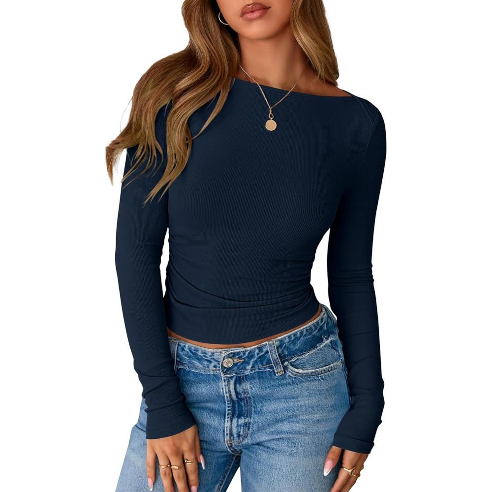 imageBTFBM Womens Long Sleeve T Shirts Spring Clothes 2026 Ribbed Slim Fit Boat Neck Casual Going Out Tops Workout OutfitsNavy Blue