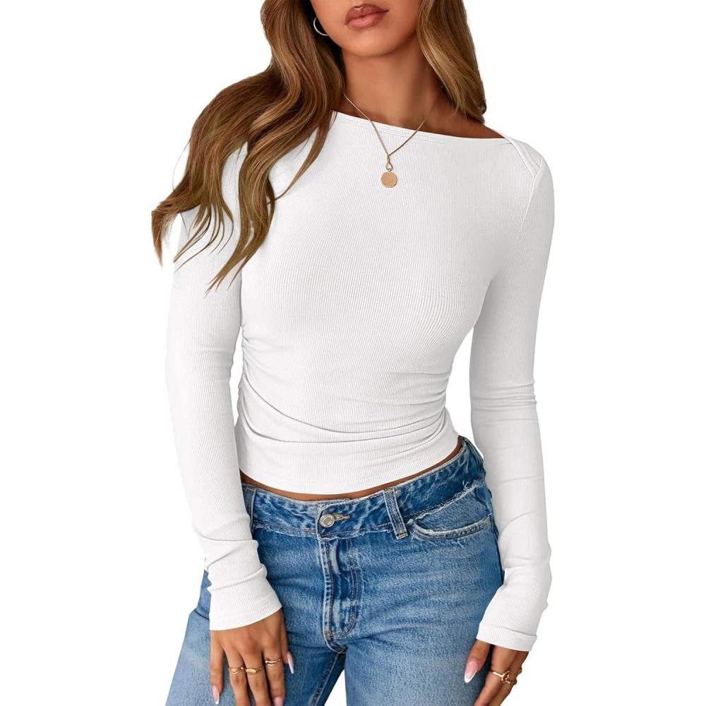 imageBTFBM Womens Long Sleeve T Shirts Spring Clothes 2026 Ribbed Slim Fit Boat Neck Casual Going Out Tops Workout OutfitsWhite