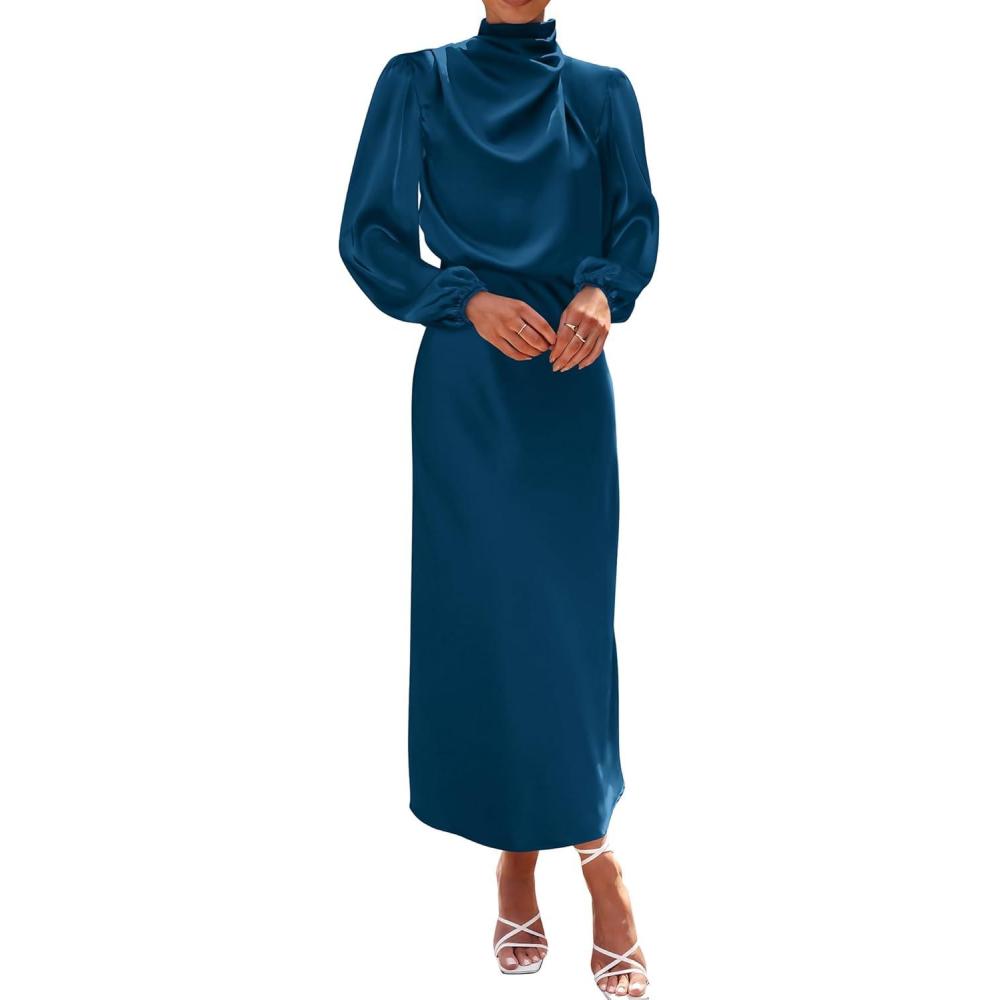 imageBTFBM Womens Mock Neck Satin Dress Spring Summer 2026 Long Sleeve Lightweight Formal Wedding Party Maxi Cocktail DressesDark Blue