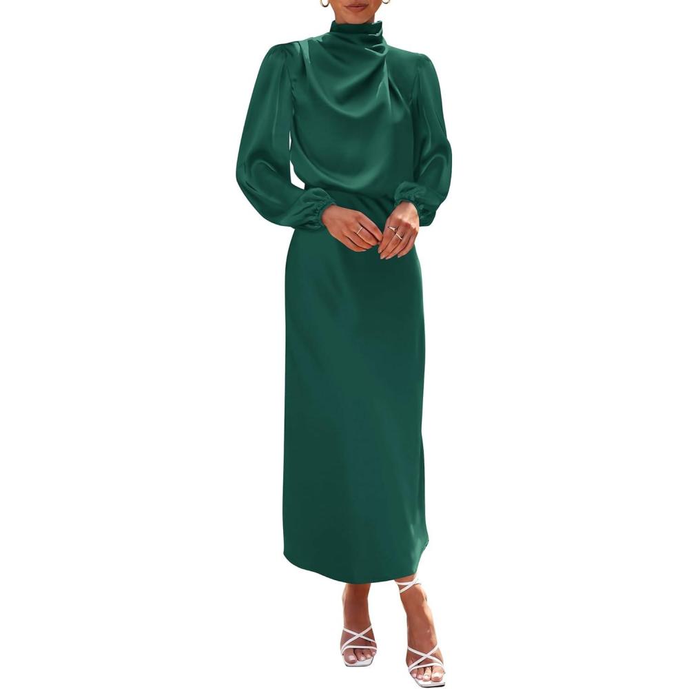 imageBTFBM Womens Mock Neck Satin Dress Spring Summer 2026 Long Sleeve Lightweight Formal Wedding Party Maxi Cocktail DressesDark Green