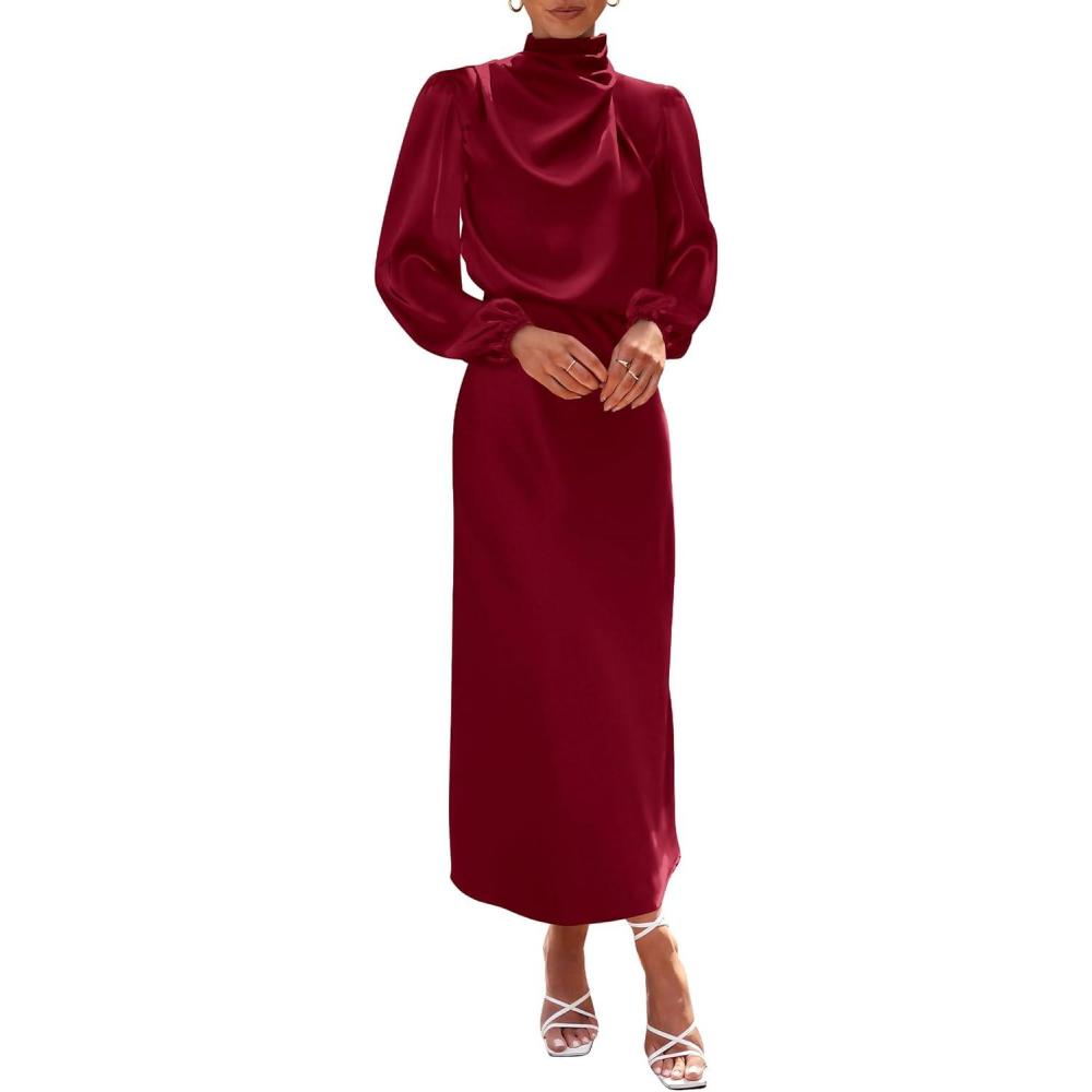 imageBTFBM Womens Mock Neck Satin Dress Spring Summer 2026 Long Sleeve Lightweight Formal Wedding Party Maxi Cocktail DressesDeep Red