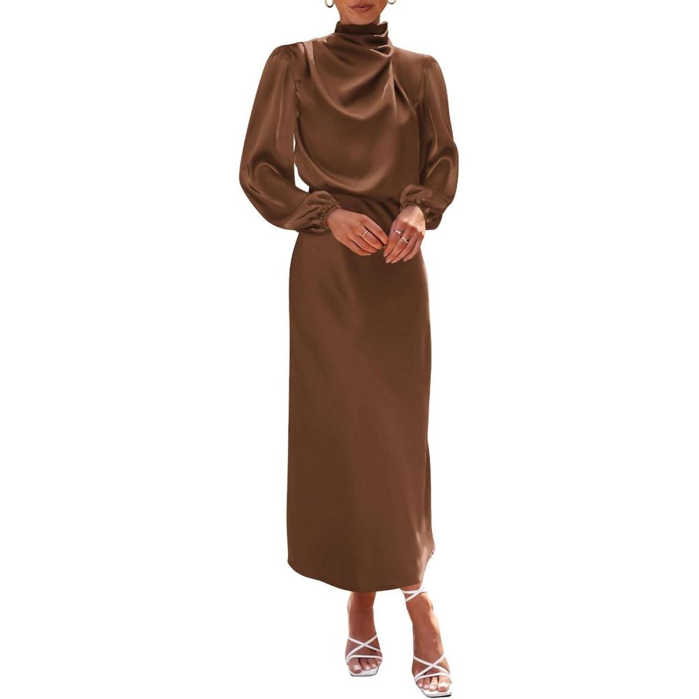 imageBTFBM Womens Mock Neck Satin Dress Spring Summer 2026 Long Sleeve Lightweight Formal Wedding Party Maxi Cocktail DressesKhaki