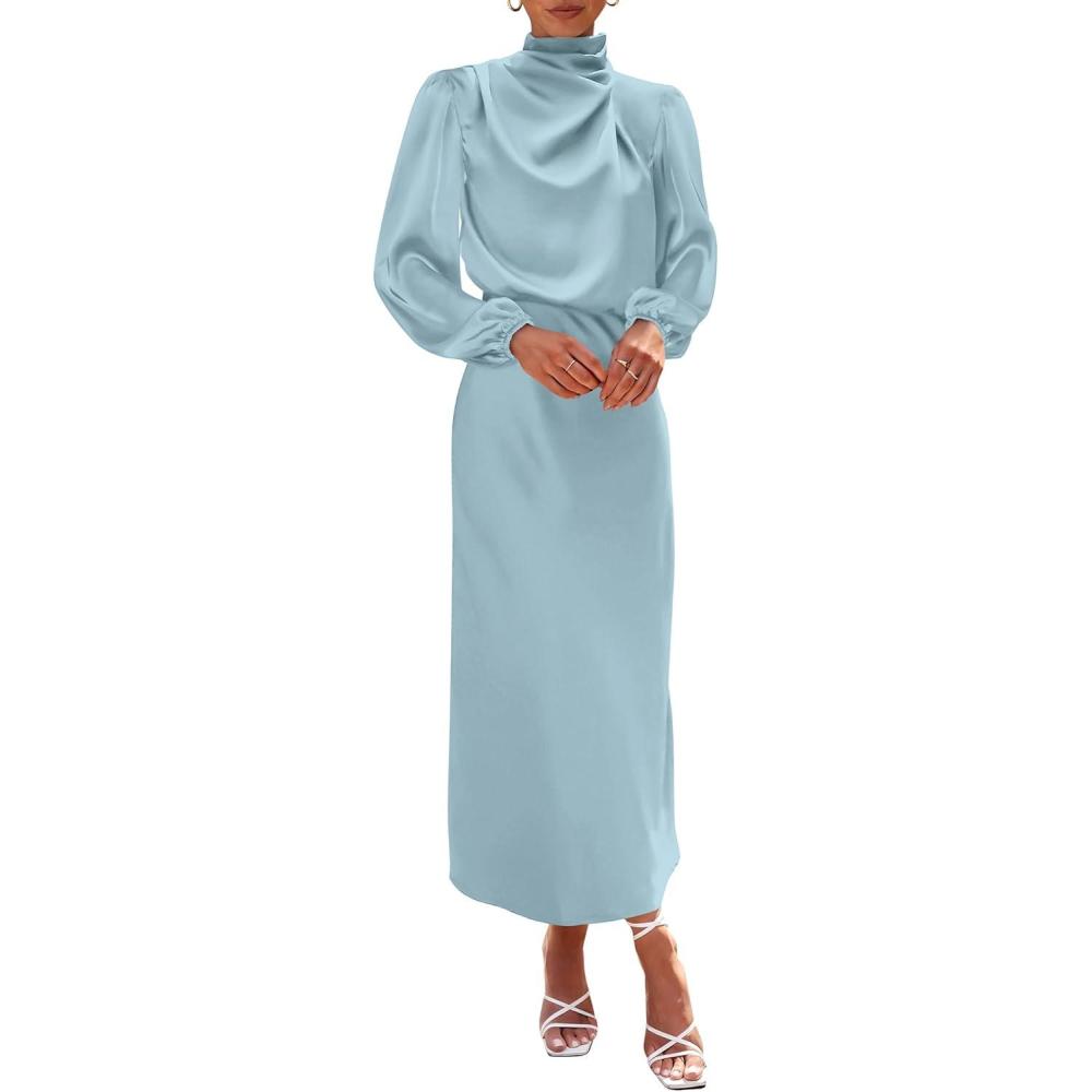 imageBTFBM Womens Mock Neck Satin Dress Spring Summer 2026 Long Sleeve Lightweight Formal Wedding Party Maxi Cocktail DressesLight Blue
