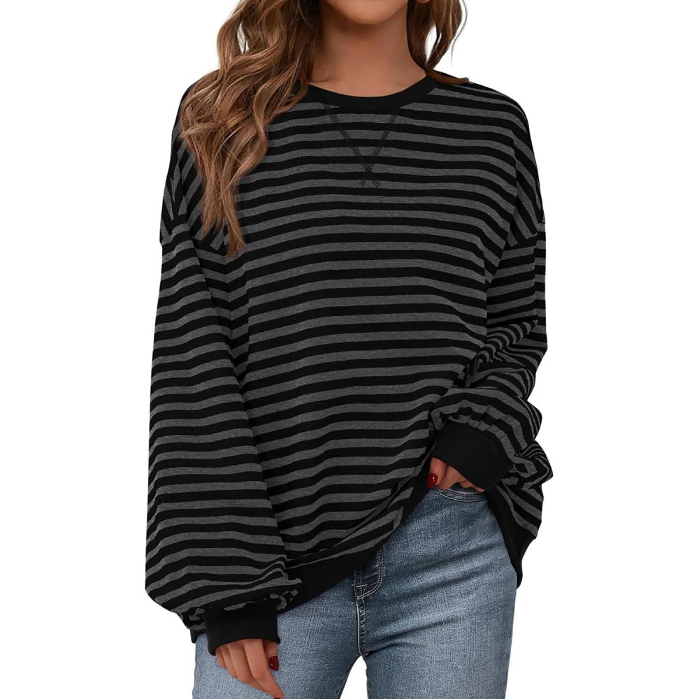 imageBTFBM Womens Oversized Striped Sweatshirt Crewneck Long Sleeve Pullover Top Casual Y2K Spring Clothes 2026 Workout ShirtBlack Dark Grey