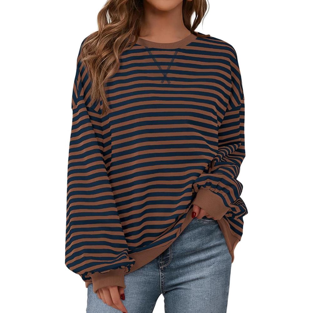 imageBTFBM Womens Oversized Striped Sweatshirt Crewneck Long Sleeve Pullover Top Casual Y2K Spring Clothes 2026 Workout ShirtBrown Navy