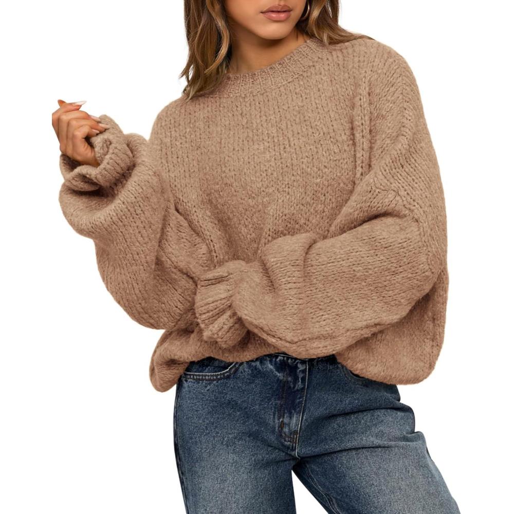 imageBTFBM Womens Oversized Sweater Crewneck 2025 Fall Winter Long Sleeve Fuzzy Warm Knit Pullover Sweaters Trendy OutfitsCamel