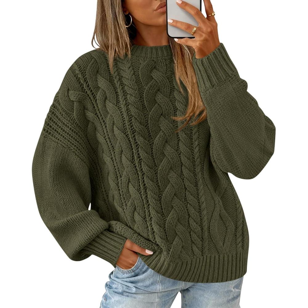 imageBTFBM Womens Oversized Sweaters 2025 Batwing Long Sleeve Cable Knit Crewneck Pullover Tops Fall Outfits Winter ClothingArmy Green