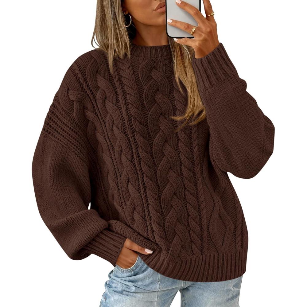 imageBTFBM Womens Oversized Sweaters 2025 Batwing Long Sleeve Cable Knit Crewneck Pullover Tops Fall Outfits Winter ClothingBrown