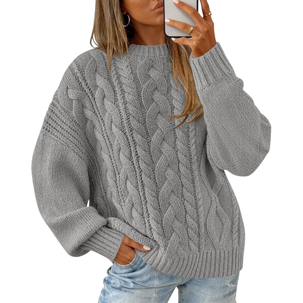 imageBTFBM Womens Oversized Sweaters 2025 Batwing Long Sleeve Cable Knit Crewneck Pullover Tops Fall Outfits Winter ClothingGrey