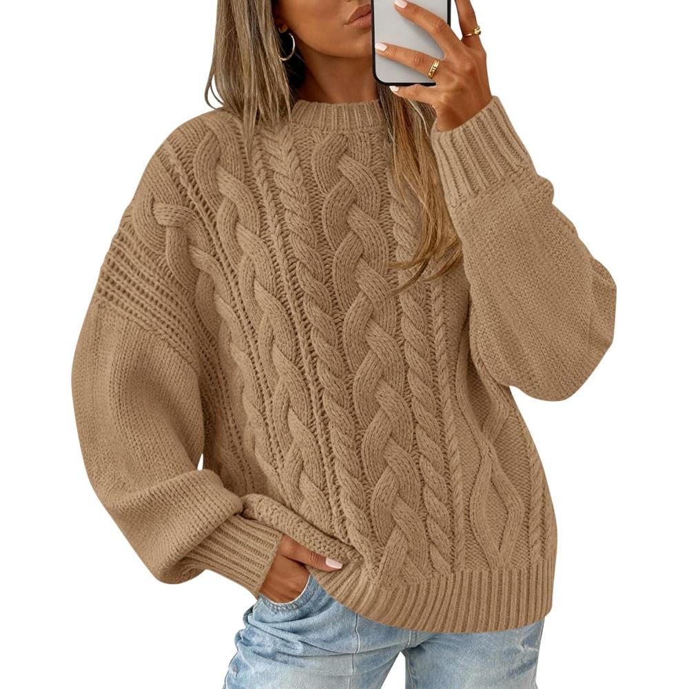 imageBTFBM Womens Oversized Sweaters 2025 Batwing Long Sleeve Cable Knit Crewneck Pullover Tops Fall Outfits Winter ClothingKhaki