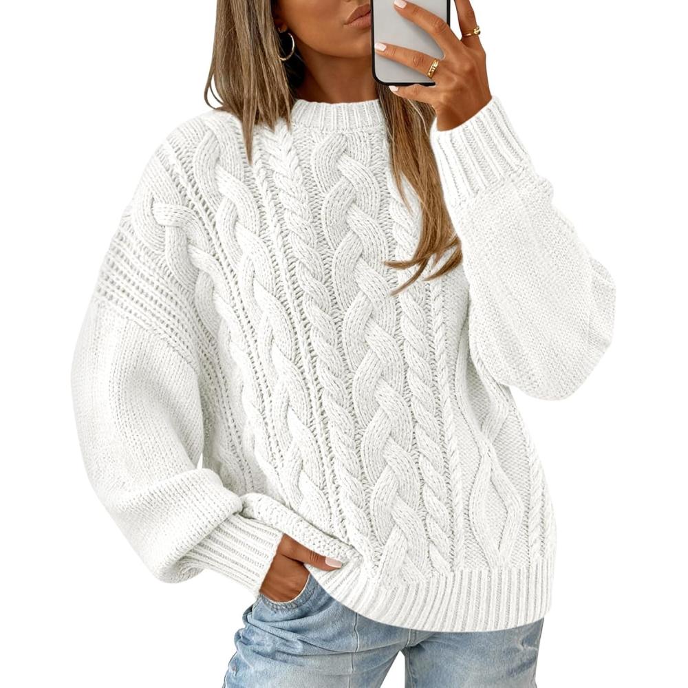 imageBTFBM Womens Oversized Sweaters 2025 Batwing Long Sleeve Cable Knit Crewneck Pullover Tops Fall Outfits Winter ClothingWhite